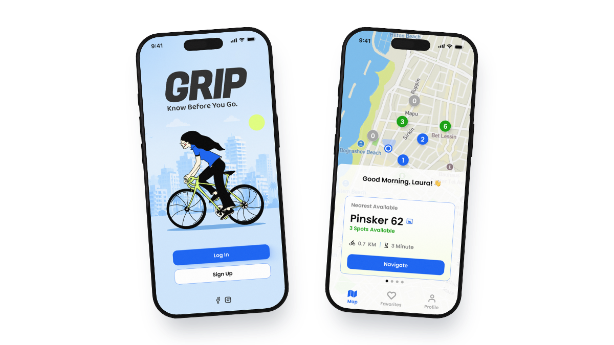 Grip app - welcome and map screens on two iPhones