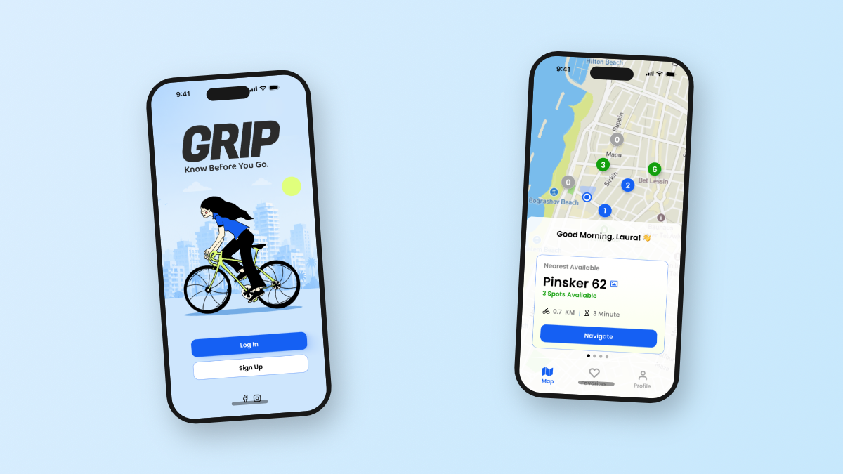 Grip app - welcome and map screens on two iPhones